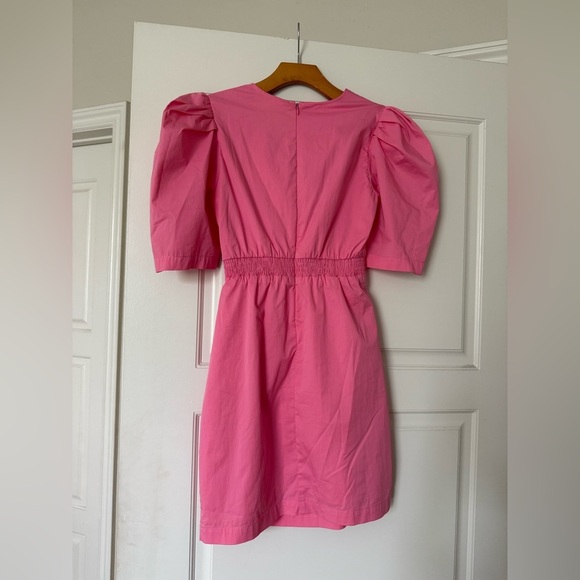 Ganni Pink Puff Sleeve Mini Dress V-Neck - Picture 2 of 3